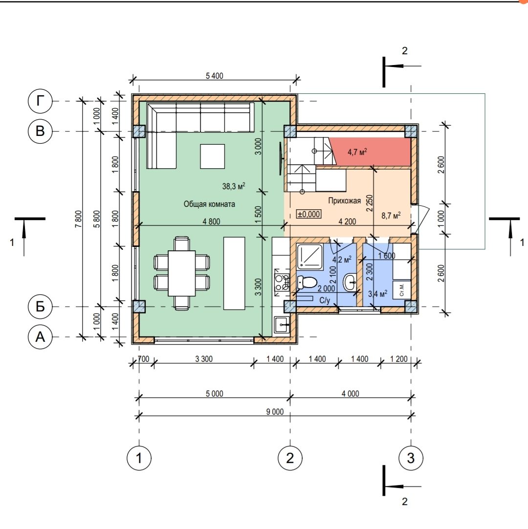 Планировка первого этажа дома 131 м² в Сочи — кухня, гостиная, прихожая